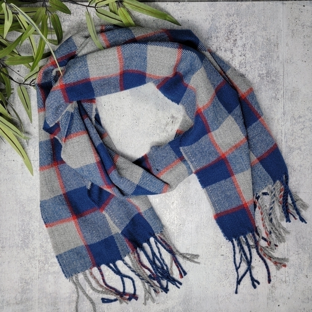 Blue Red Gray Plaid Scarf with Fringe Classic Grandpacore Winter Cozy Warm